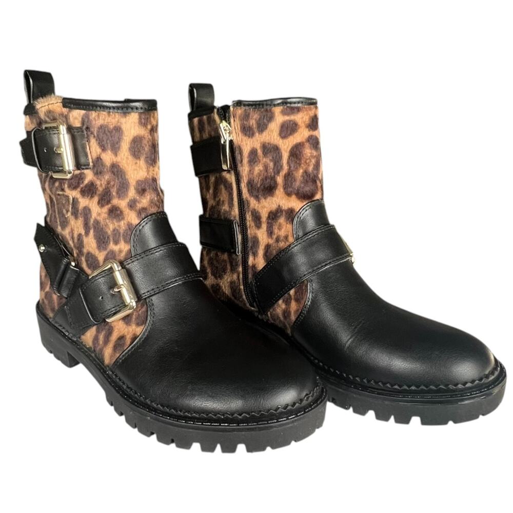 Nine West Arria Women's Size 6 Leopard Fur Buckle Strappy Biker Boots